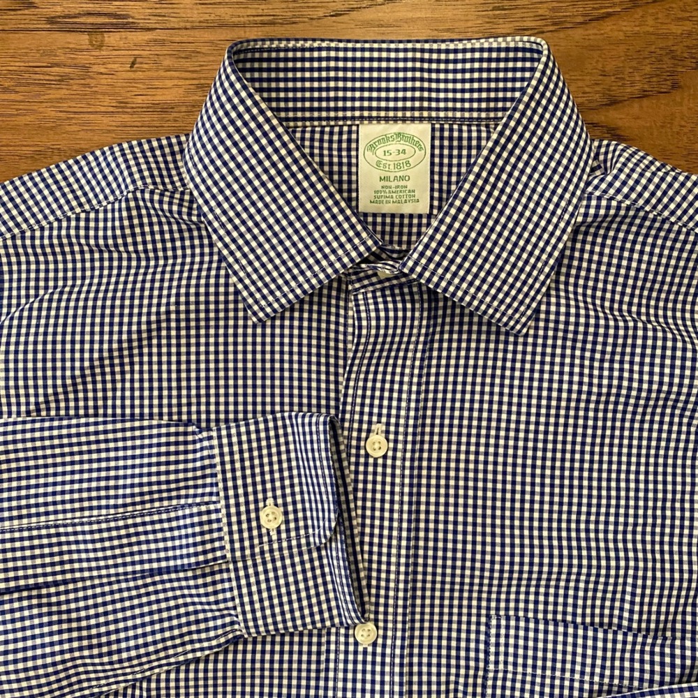 Brooks Brothers Milano Dress Shirt Men 15-34 Blue Gingham Non-Iron Supima Cotton
